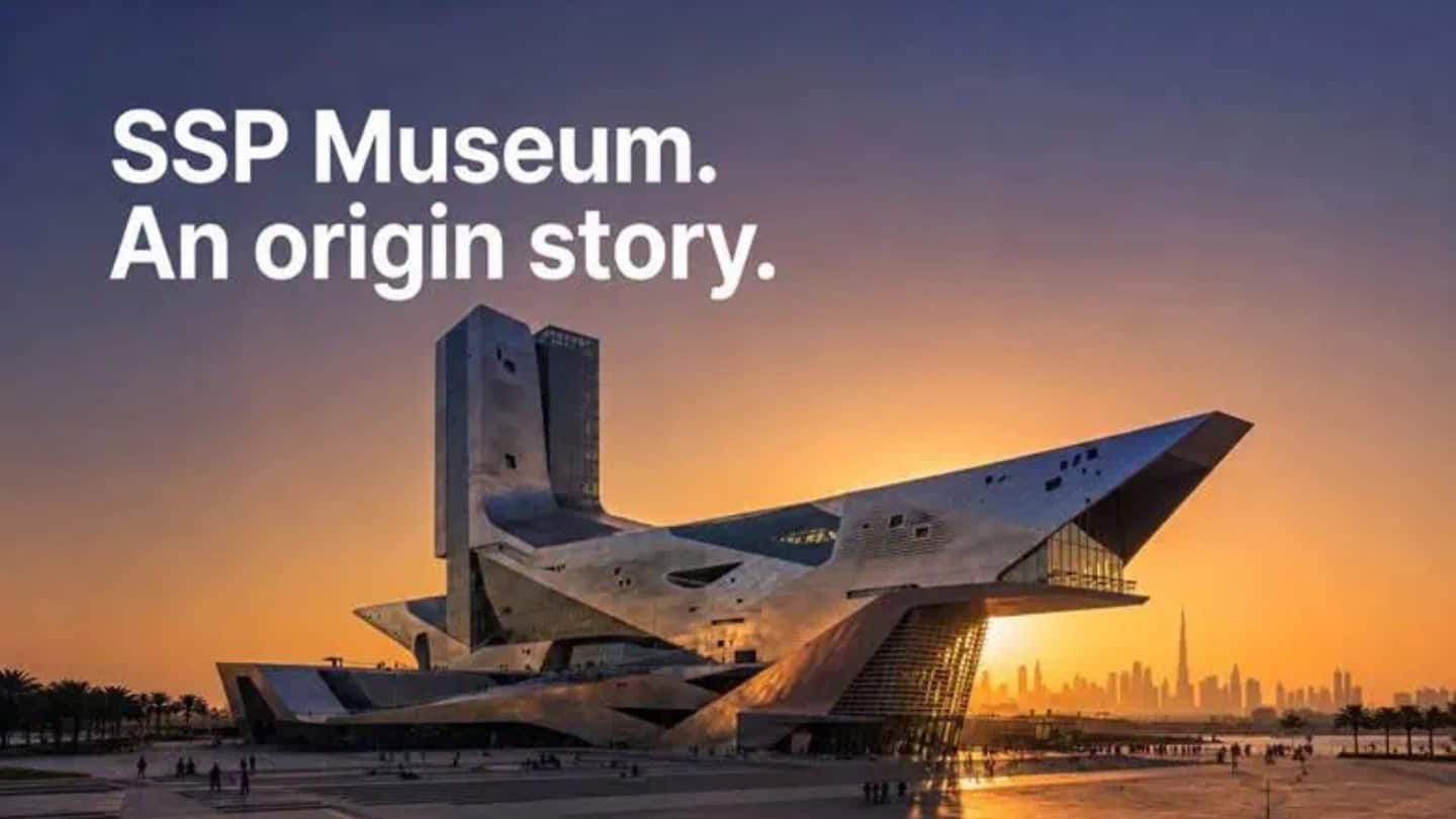 AI-generated museum study at golden hour on a broad public plaza, city skyline beyond: SSP Museum by Plexus R+D, Atlanta architecture firm.